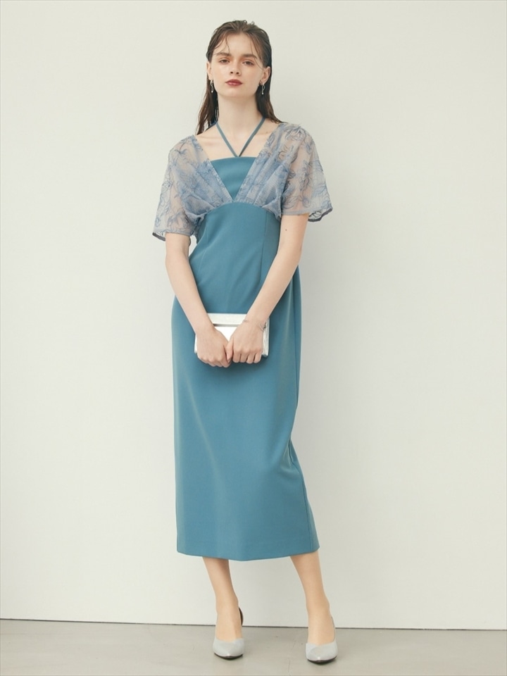 フラワー刺繍レイヤードハイウエストドレス|ダルブルー