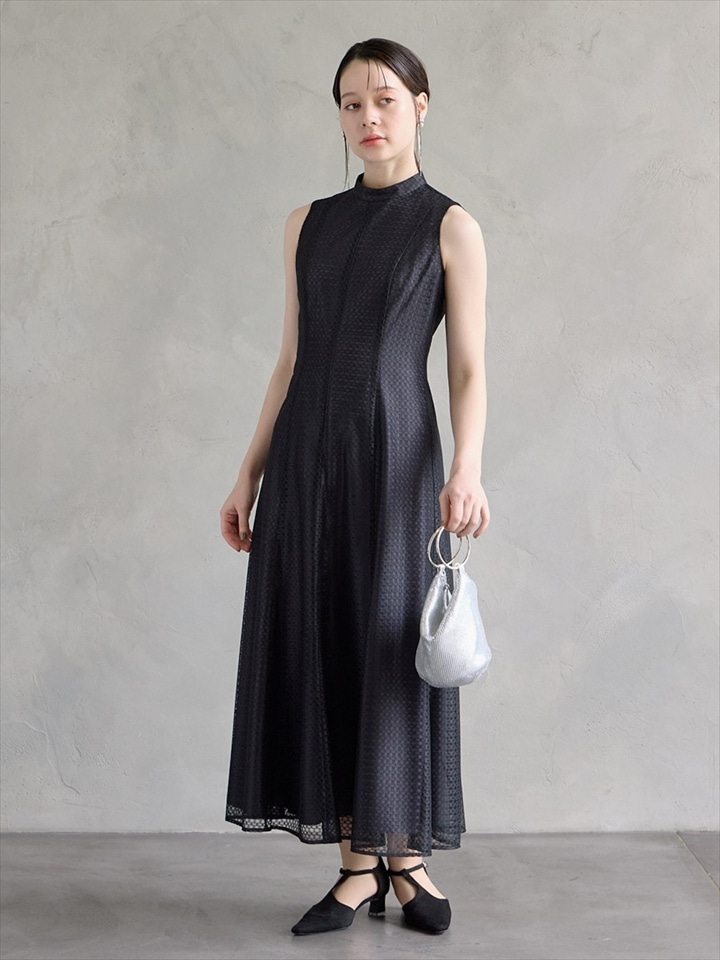 シアーチェックレースプチハイネックドレス|ブラック