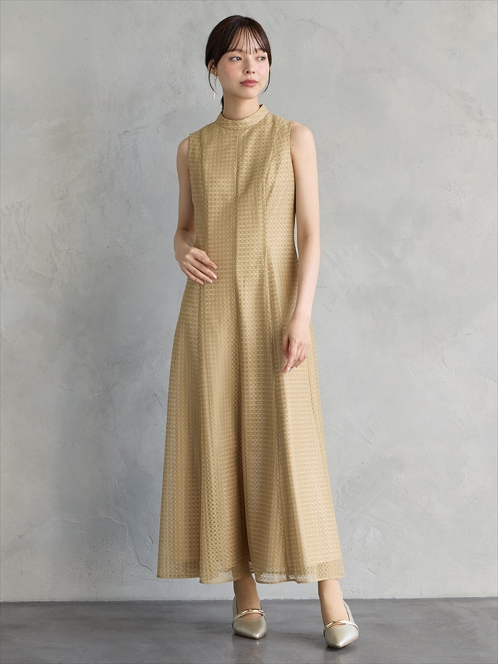 シアーチェックレースプチハイネックドレス|イエロー