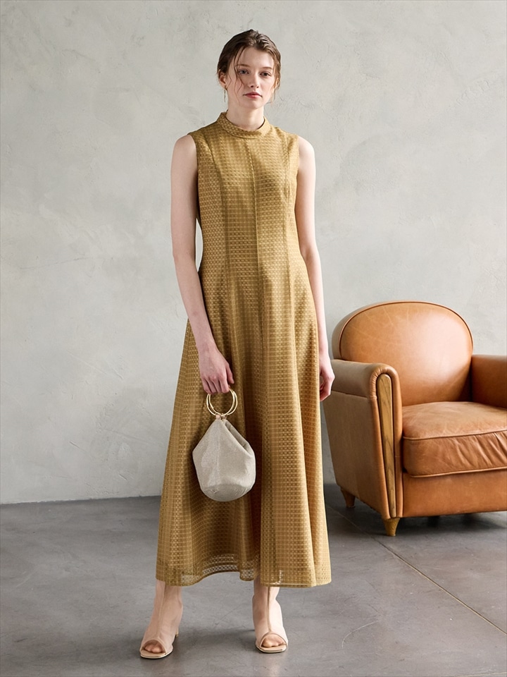 シアーチェックレースプチハイネックドレス|マスタード