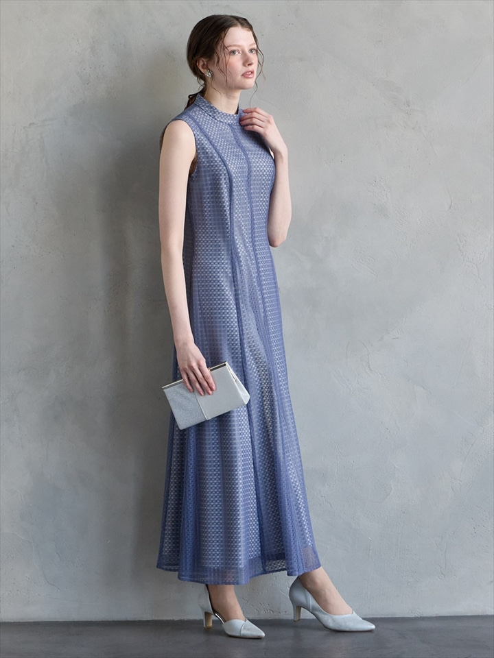 シアーチェックレースプチハイネックドレス|ダルブルー