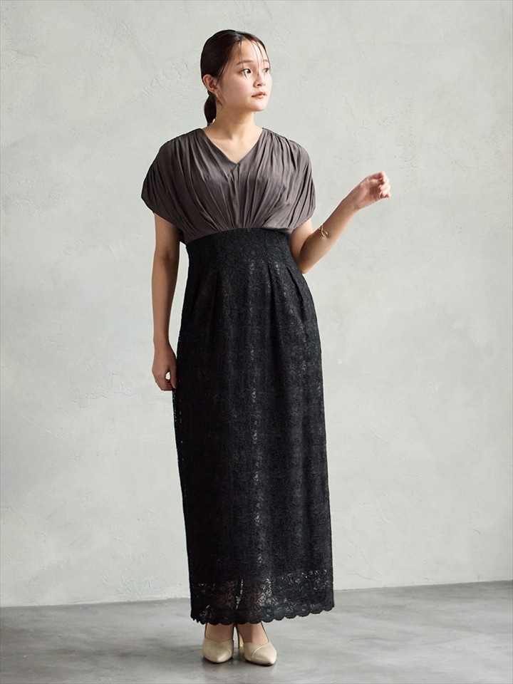 割線サテン×ラッセルレースハイウエストタイトドレス|ブラック