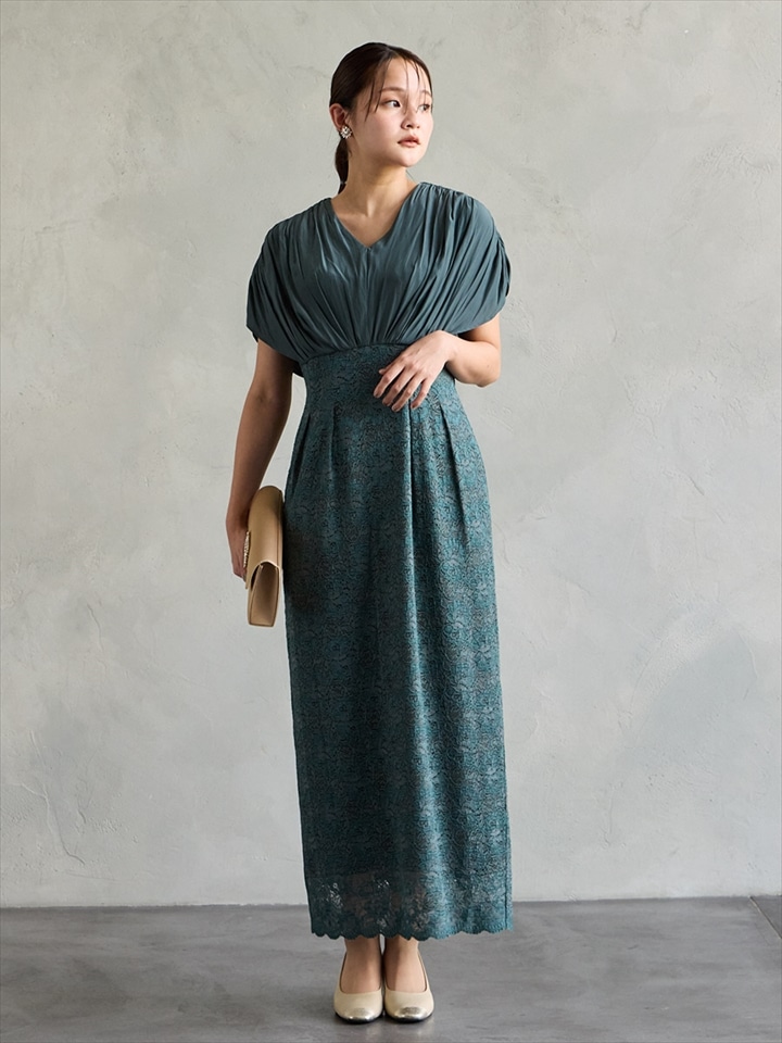 割線サテン×ラッセルレースハイウエストタイトドレス|グリーン