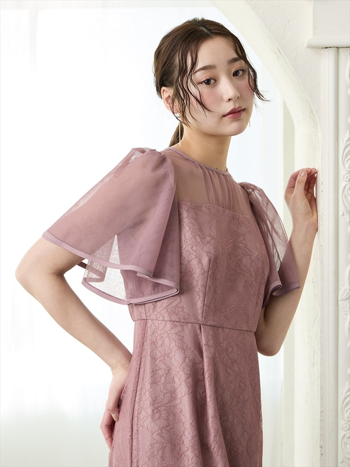 フラワーレースボリュームスリーブタイトドレス|オールドローズ