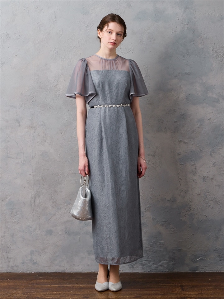 フラワーレースボリュームスリーブタイトドレス|ブルーグレー