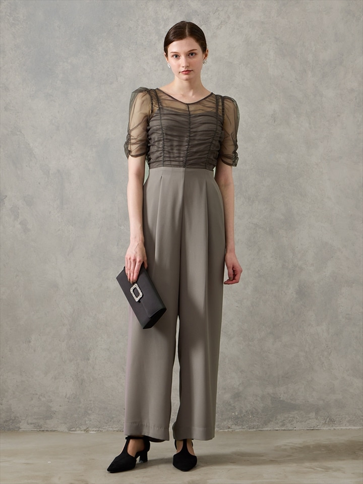 ギャザーチュールオールインワンパンツドレス|グレー