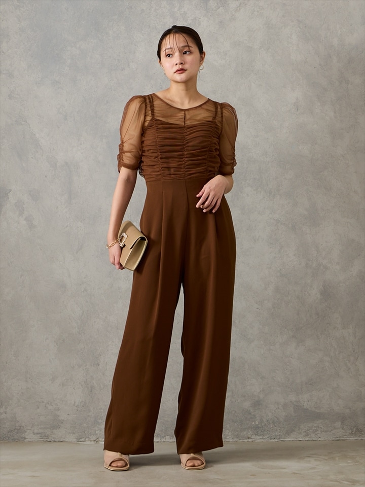 ギャザーチュールオールインワンパンツドレス|ブラウン