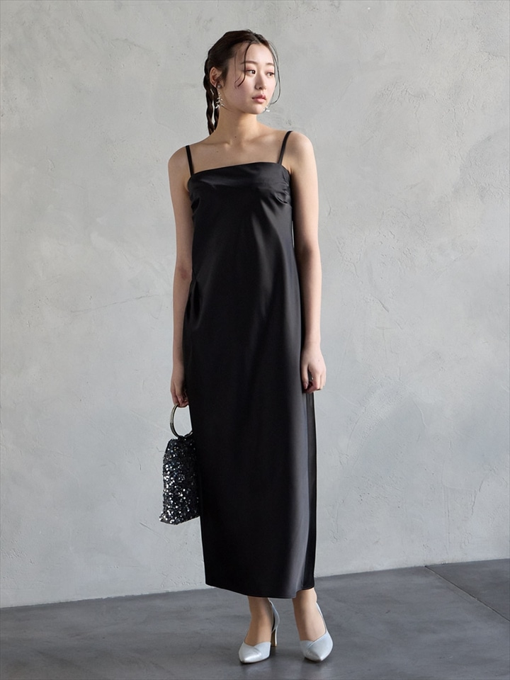サテンウエストタックキャミドレス |ブラック
