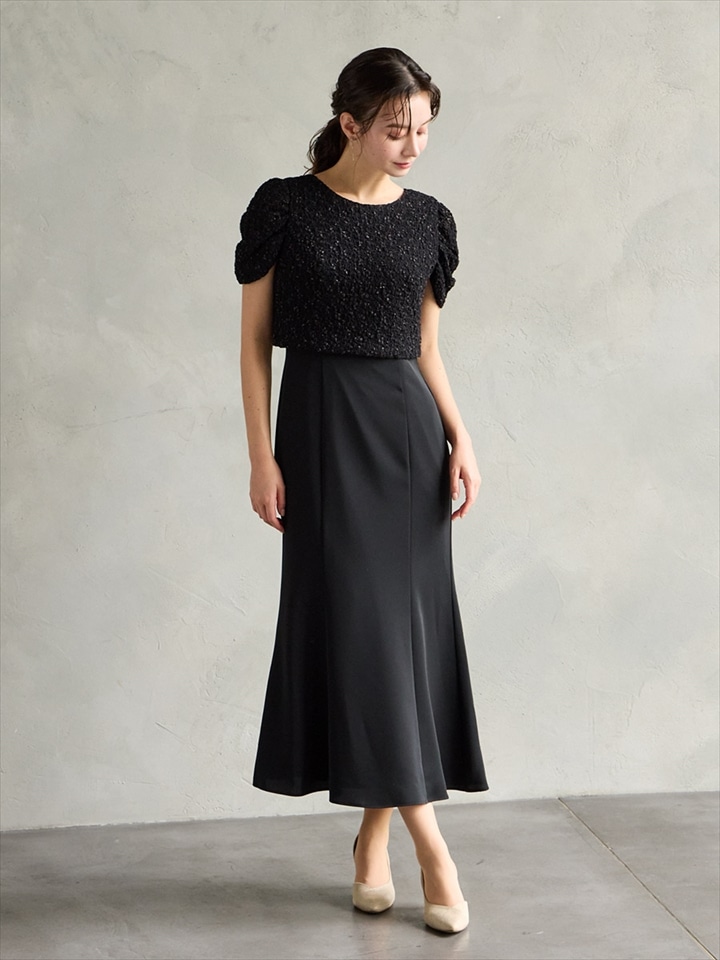 ラメニットレース×ダブルクロスソフトマーメイド2WAYドレス|ブラック