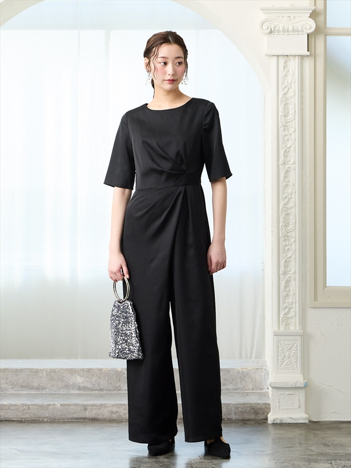 サテンアシンメトリータックワイドパンツ|ブラック