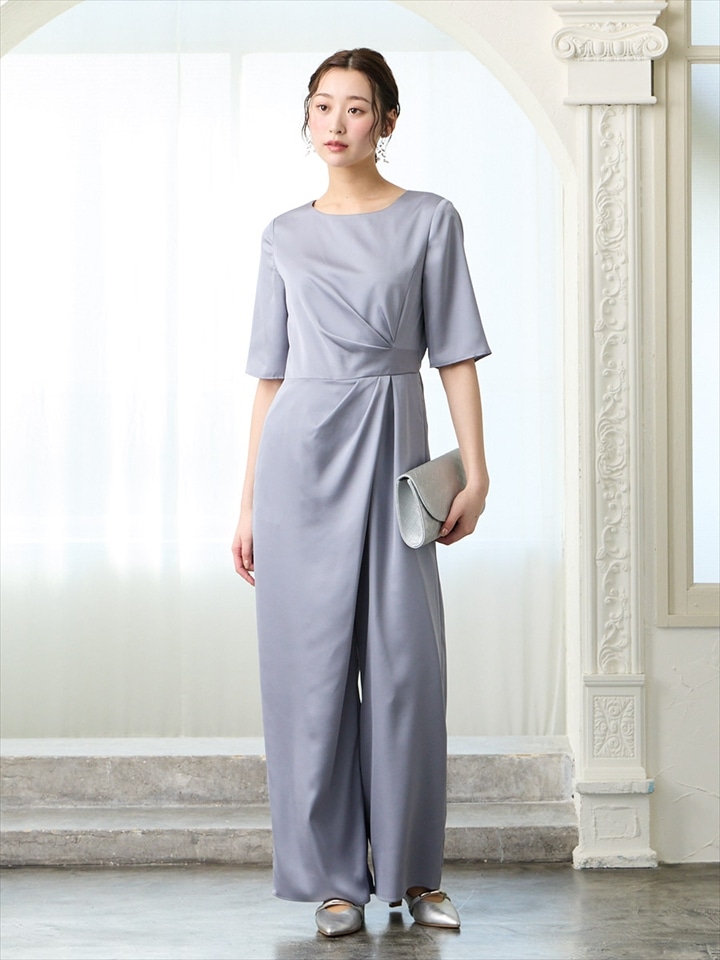 サテンアシンメトリータックワイドパンツ|ブルーグレー