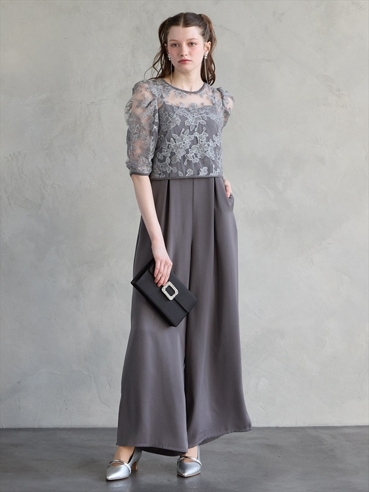 フラワーモチーフラメ刺繍ブラウス×ツイルキャミソールオールインワン2点セットドレス|グレー