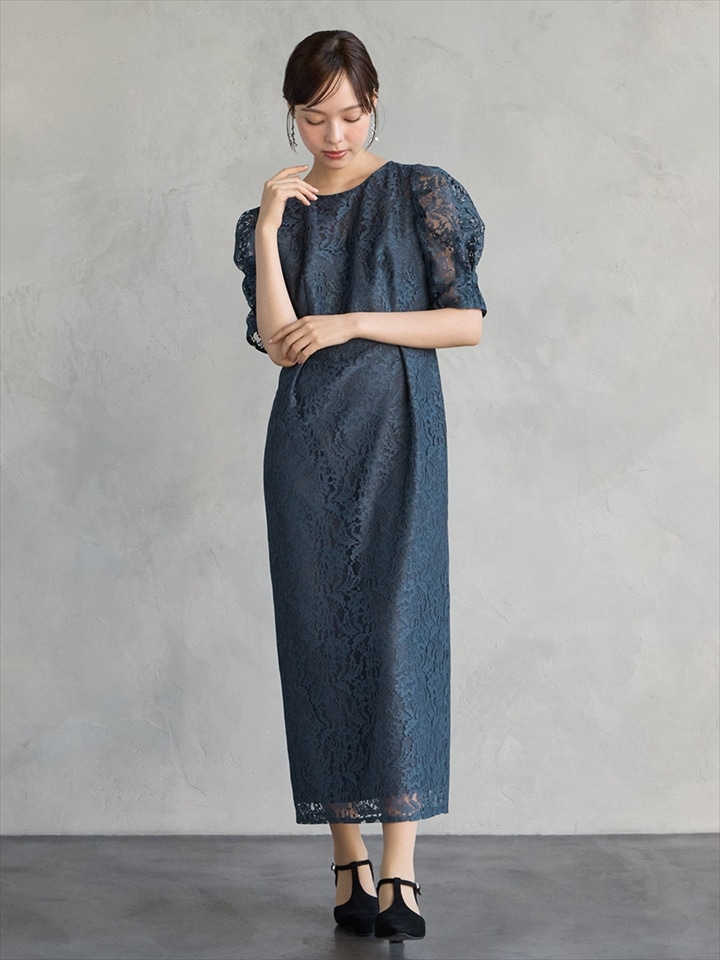 フラワーレースボリュームスリーブタイトドレス|ダルブルー