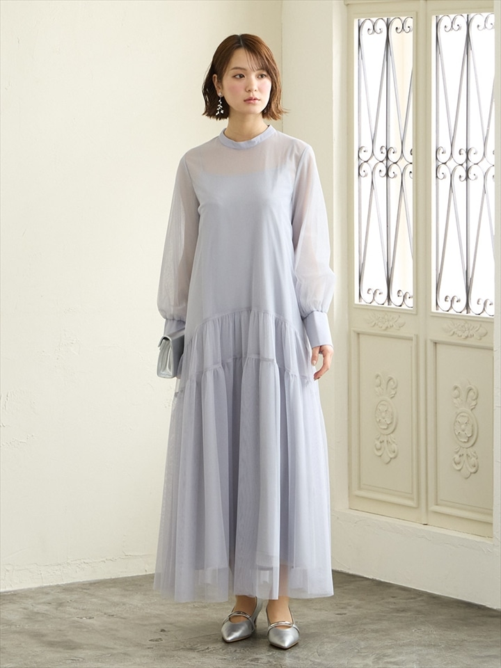ラメチュール×無地チュールプチハイネックロングスリーブドレス|ライトグレー
