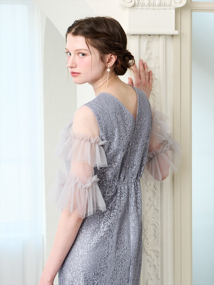 チュールティアードスリーブレースタイトドレス|ブルーグレー