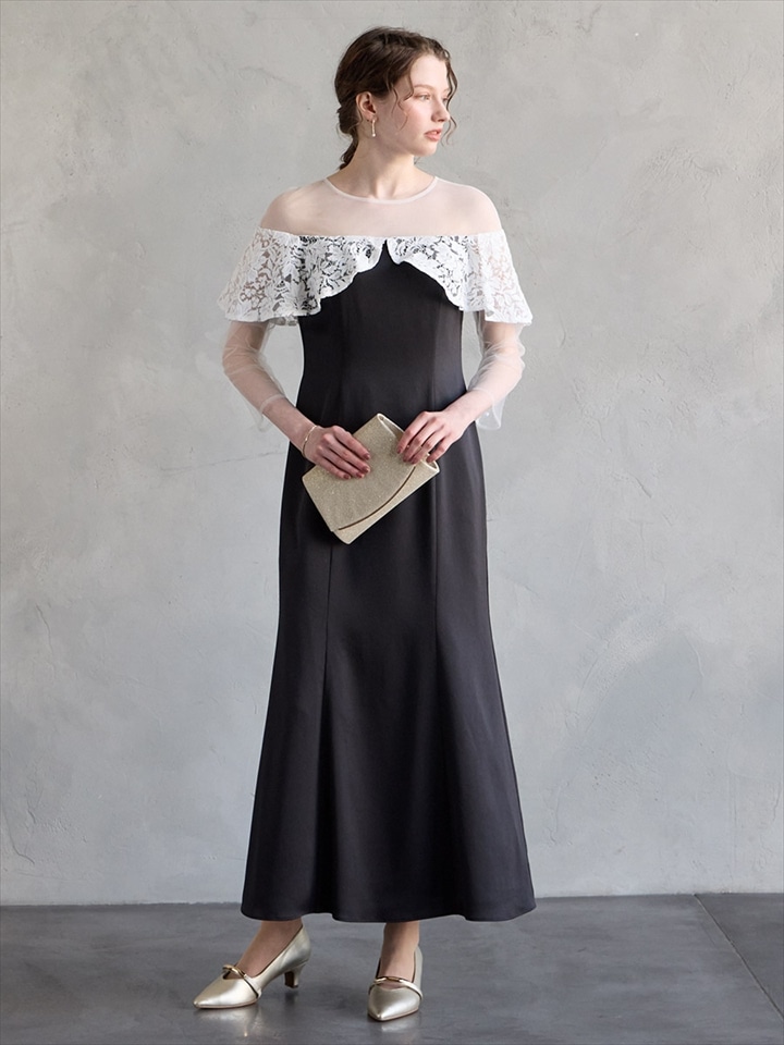オフショルダーレースフリルサテンソフトマーメイドドレス|ブラック