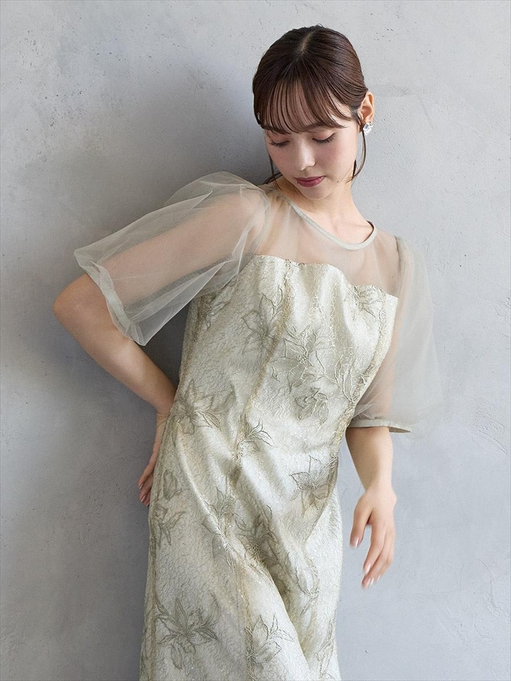 【試着チケット対象商品】チュールバルーンスリーブメロンチュールフラワー刺繍タイトドレス|ピスタチオ