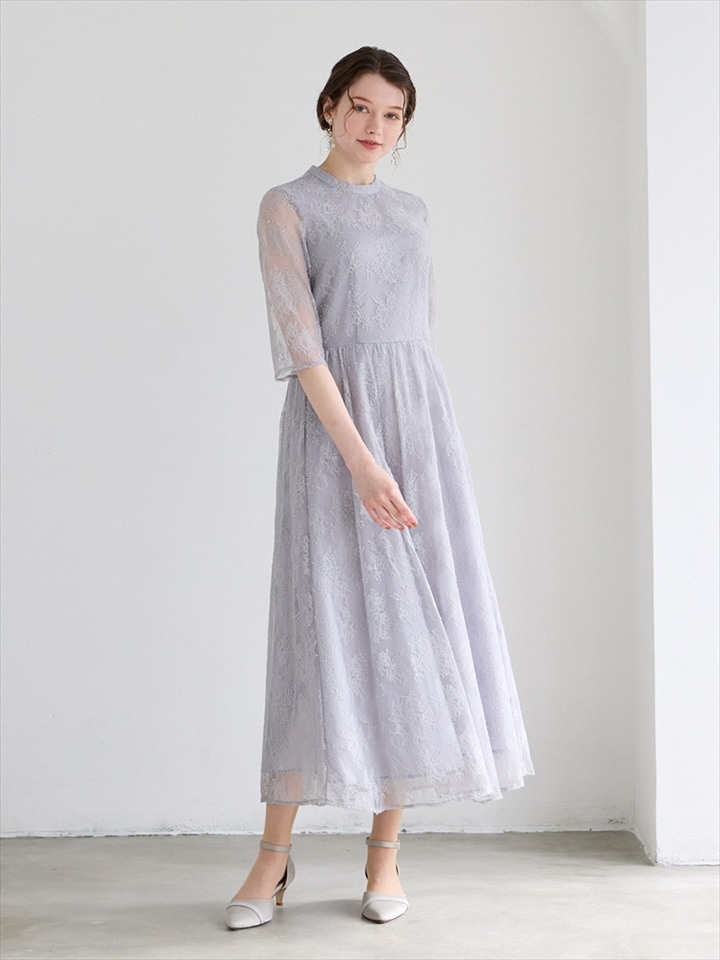 【WEB限定】プチハイネック5分袖レースドレス|ライトグレー