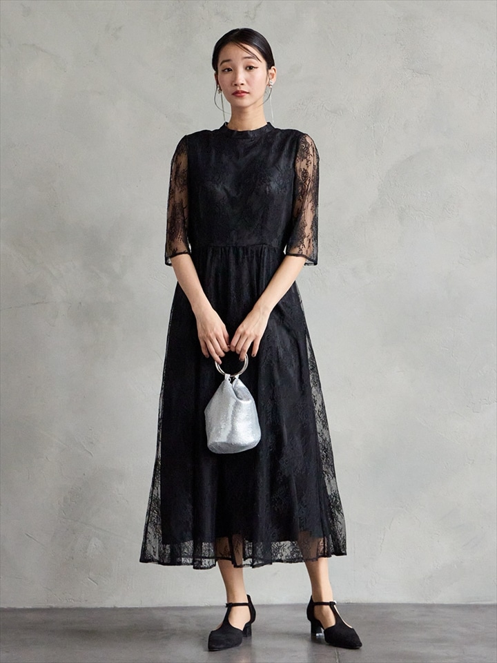 【WEB限定】プチハイネック5分袖レースドレス|ブラック