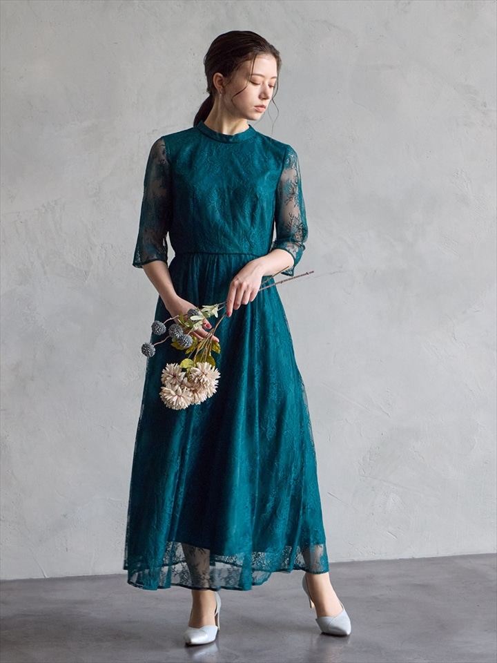 【WEB限定】プチハイネック5分袖レースドレス|グリーン