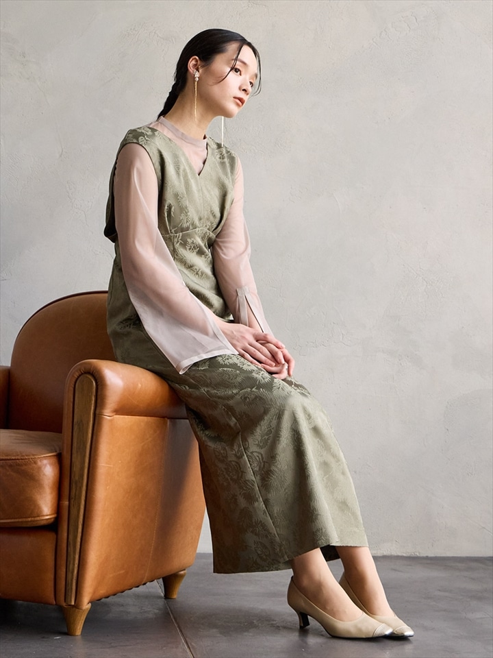 チュールブラウス付きジャカードIラインドレス|カーキ