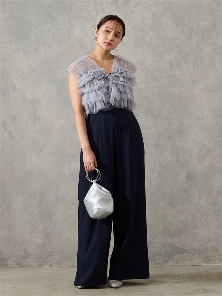 【WEB限定】チュールフリルブラウス×キャミソールオールインワンセットドレス|ネイビー