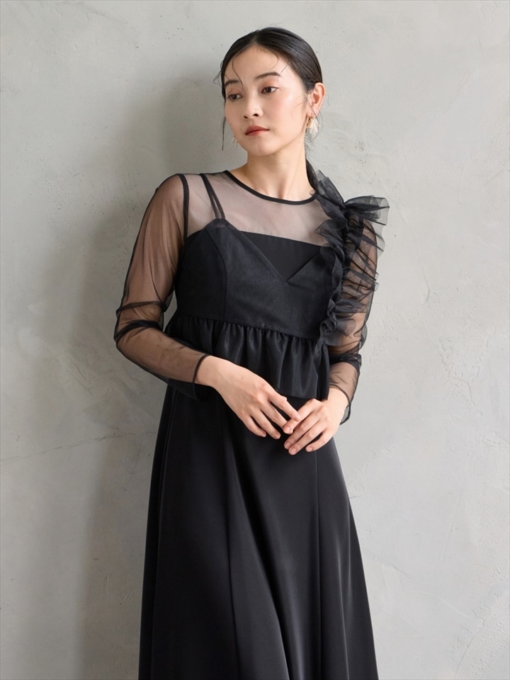 アシメフリルビスチェ×ロングスリーブフレアドレス2点セット|ブラック