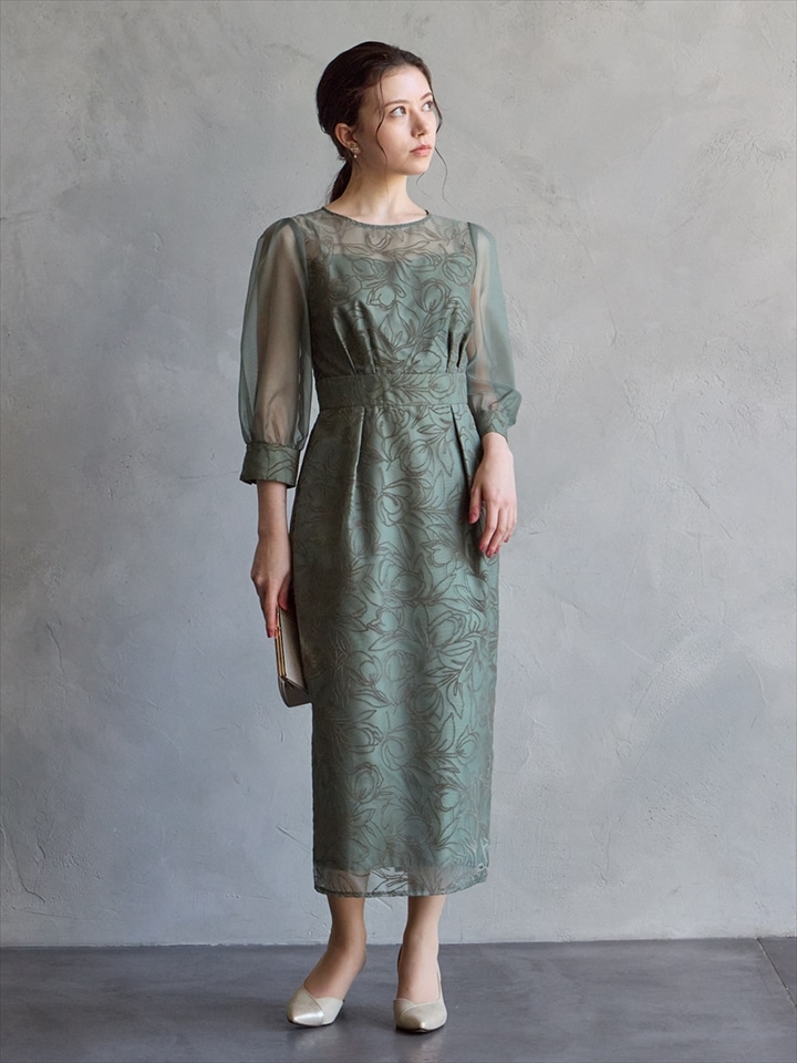 花柄フロッキー袖付きタイトラインドレス|スモーキーグリーン
