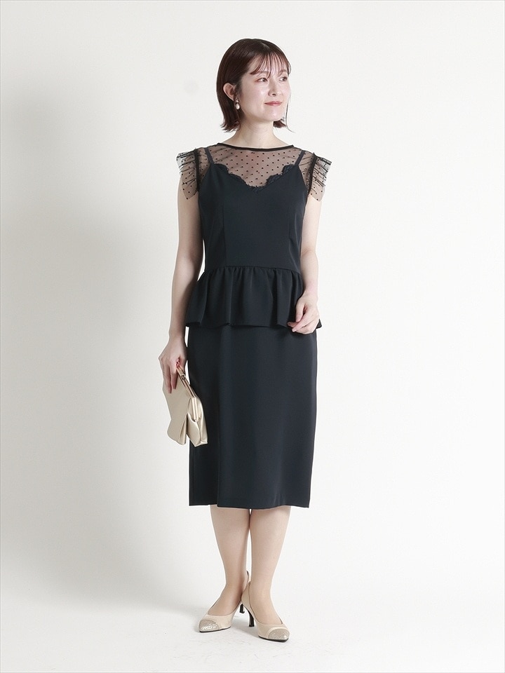 【残りわずか】ドットチュールブラウス付き2WAYペプラムドレス|ネイビー