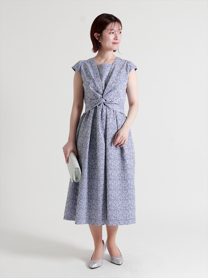 ふくれジャカードフィット&フレアドレス|ブルー