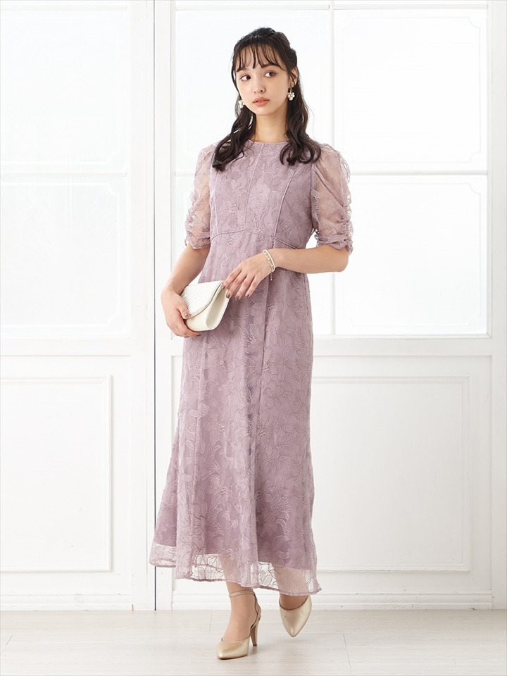 エンブロイダリーチュールパイピングドレス|ピンク