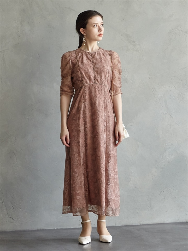 エンブロイダリーチュールパイピングドレス|コーラル