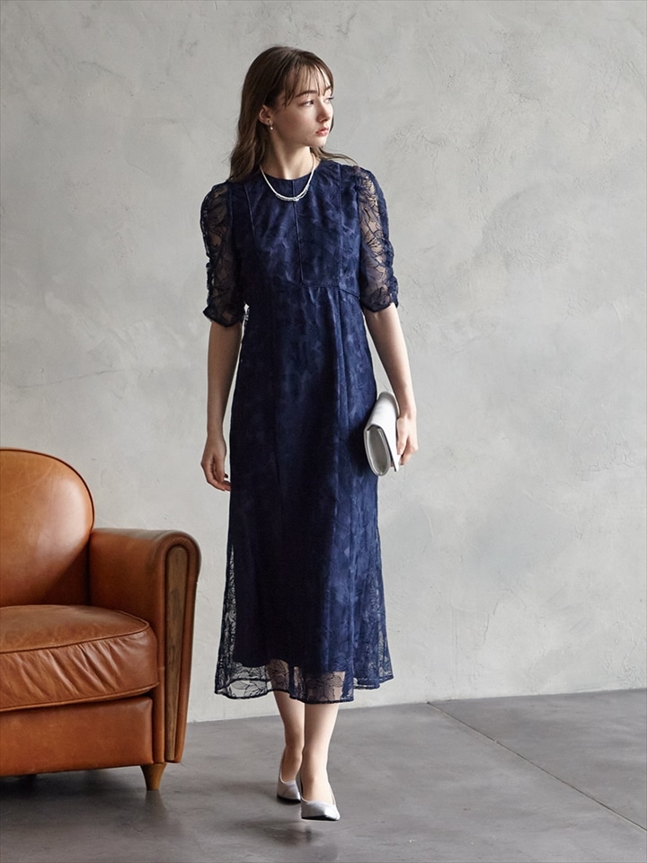 エンブロイダリーチュールパイピングドレス|ネイビー