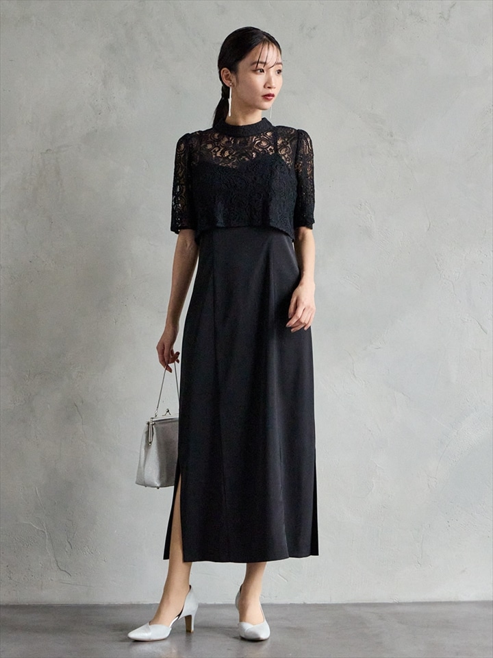 ペイズリー柄ブラウス付両サイドスリットタイトラインドレス|ブラック