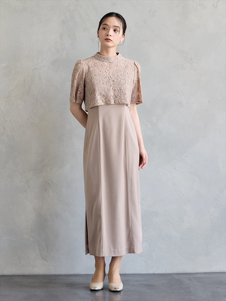 ペイズリー柄ブラウス付両サイドスリットタイトラインドレス|モカ