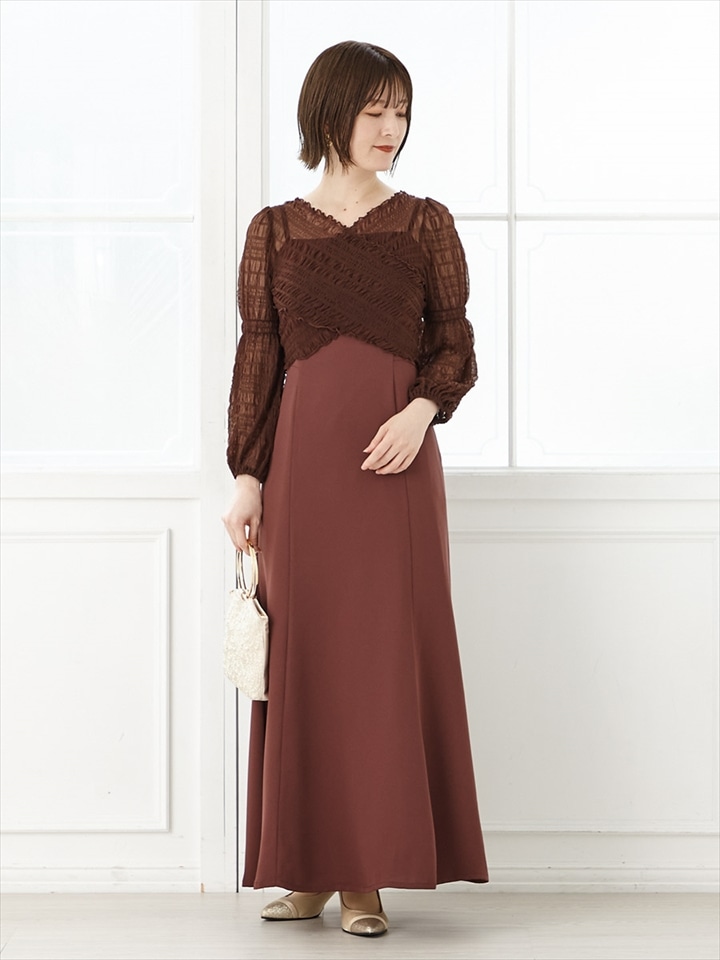 2WAYシャーリングブラウス付きフィット＆フレアドレス|ブラウン