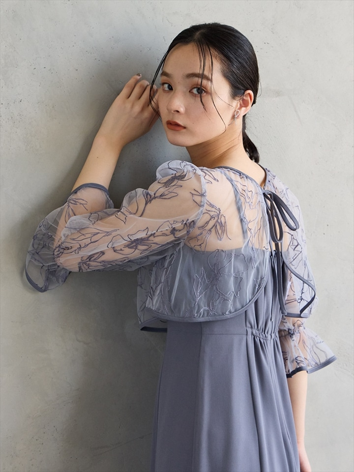 2WAY線描フラワー刺繍ボレロセットドレス|サックス