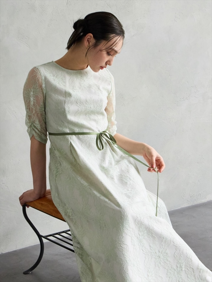 サテンリボンベルトラメレースドレス|ライトグリーン