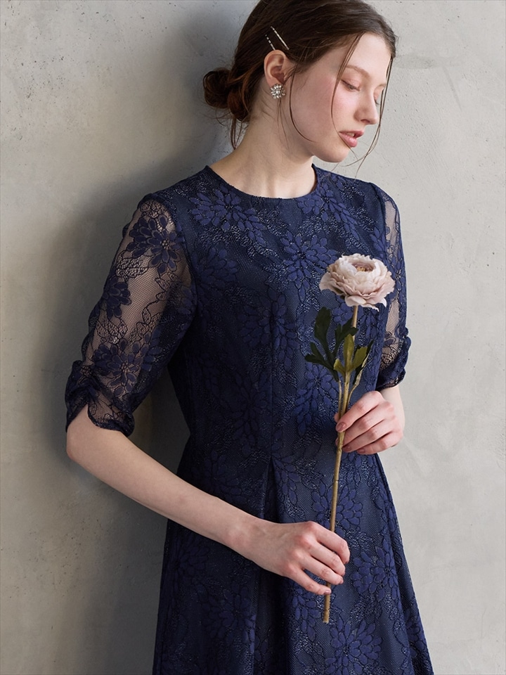 サテンリボンベルトラメレースドレス|ネイビー