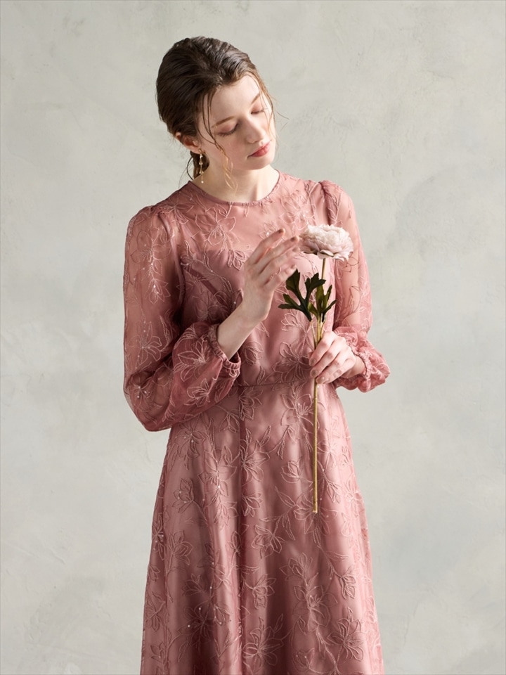 スパンコールフラワー刺繍ロングスリーブドレス|オールドローズ