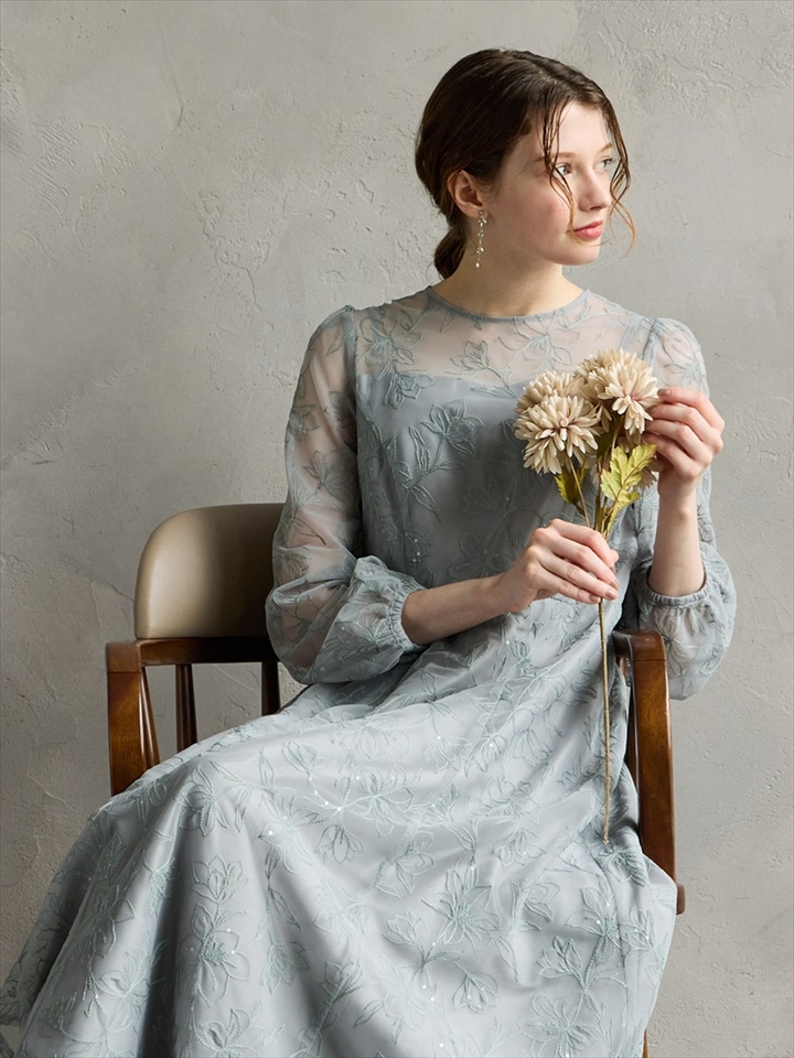 スパンコールフラワー刺繍ロングスリーブドレス|スモーキーグリーン