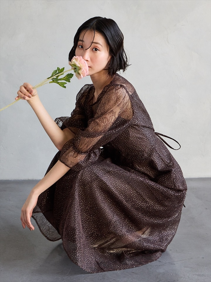 グリッターレースフィット&フレアドレス|ダークブラウン