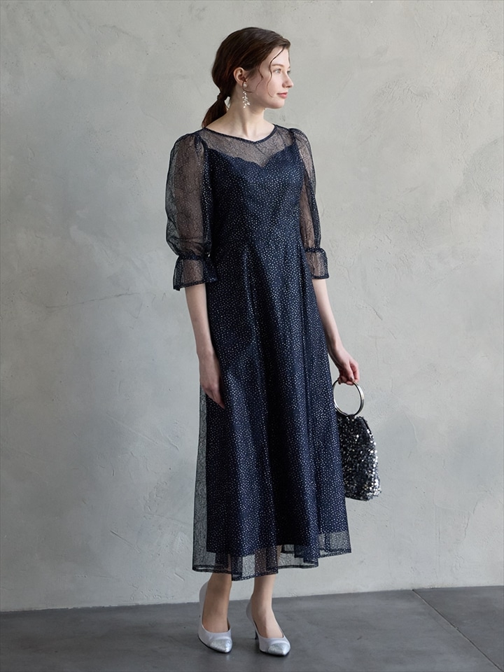 グリッターレースフィット&フレアドレス|ネイビー