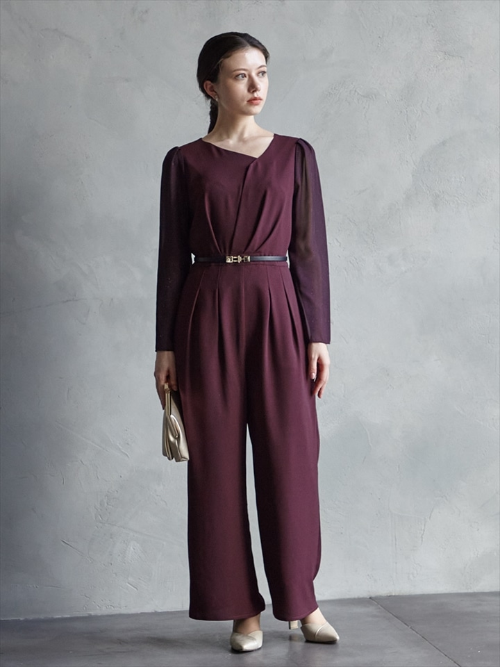 アシンメトリーネックラメスリーブパンツドレス|ワイン