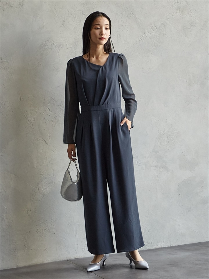 アシンメトリーネックラメスリーブパンツドレス|ダークグリーン