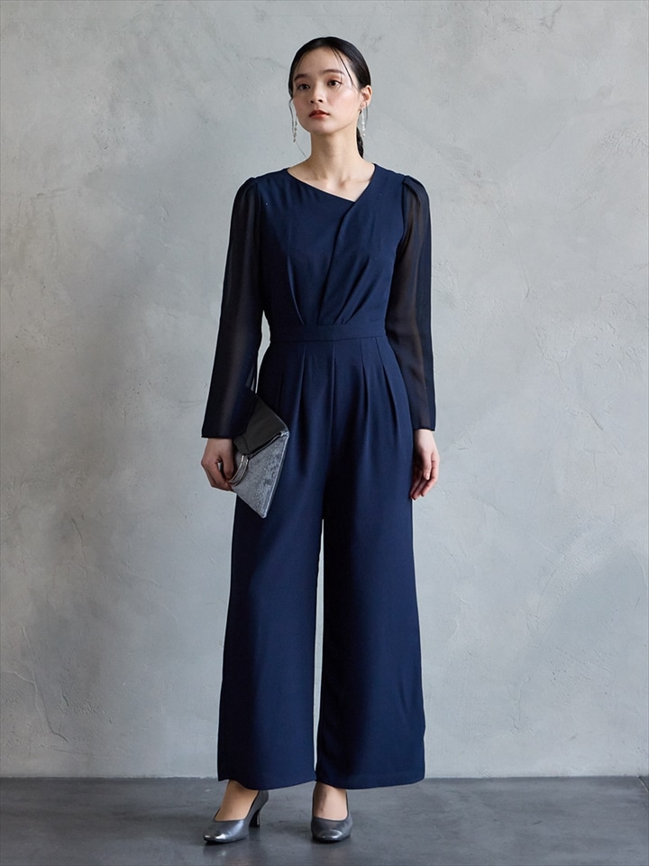 アシンメトリーネックラメスリーブパンツドレス|ネイビー