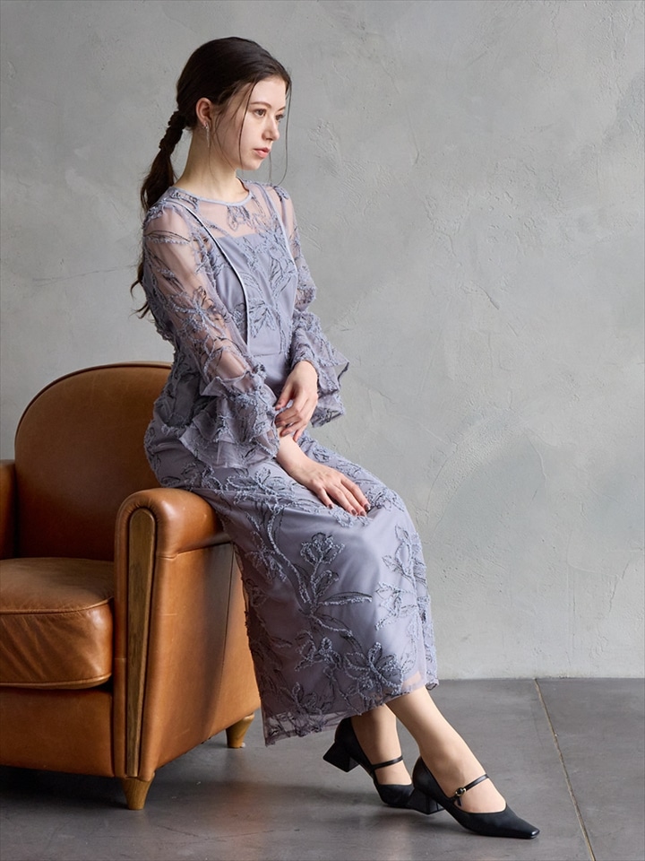 ファーヤーン刺繍フリルスリーブドレス|ブルーグレー