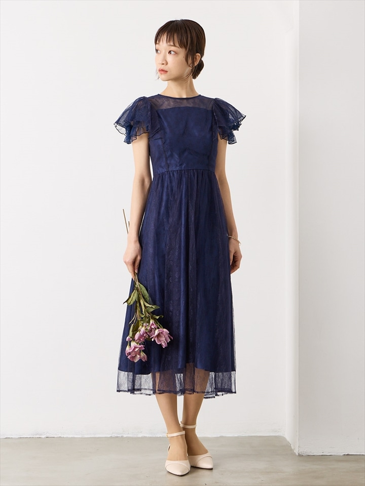 フリルスリーブフィルムレースドレス|ネイビー