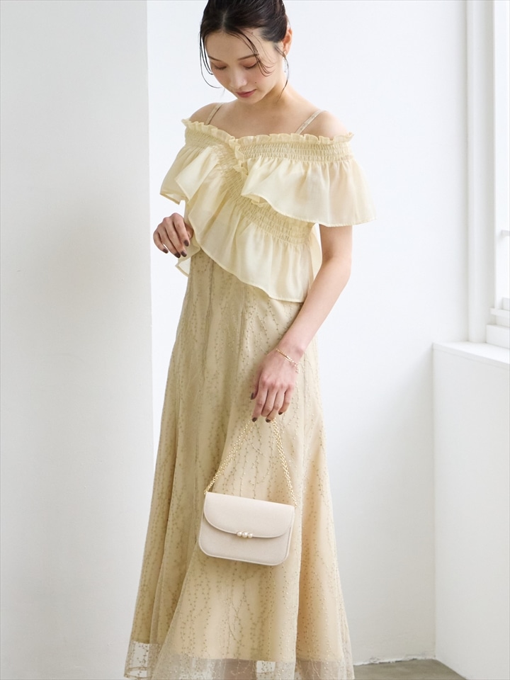 2WAYブラウス付きフローライン刺繍ドレス|イエロー