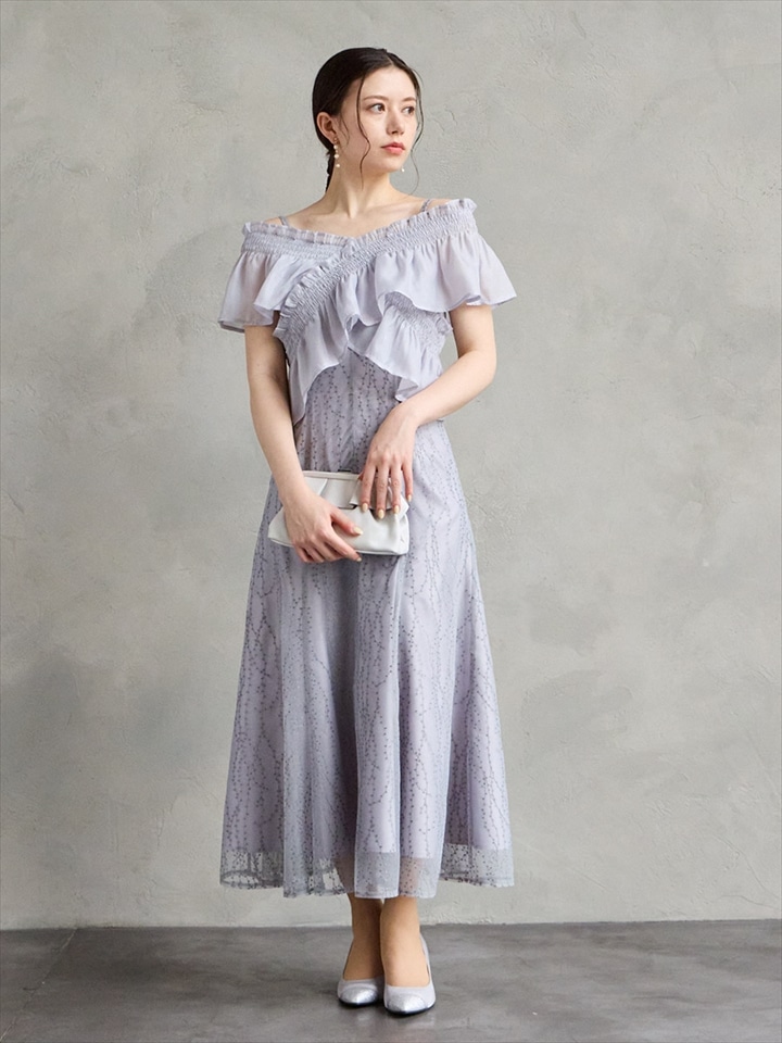 2WAYブラウス付きフローライン刺繍ドレス|ブルーグレー